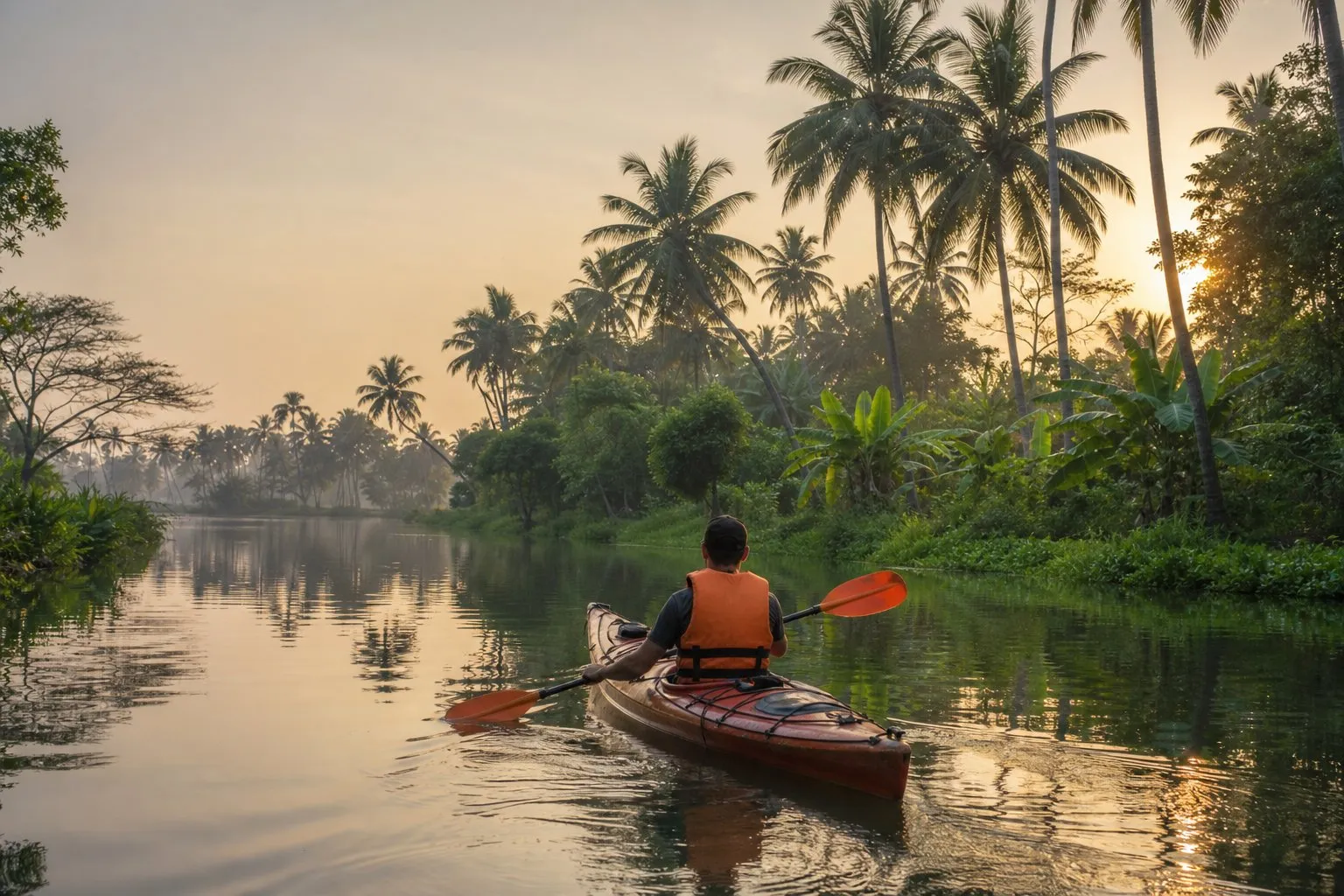 A visitor paddling a kayak through Kerala’s quiet backwaters
