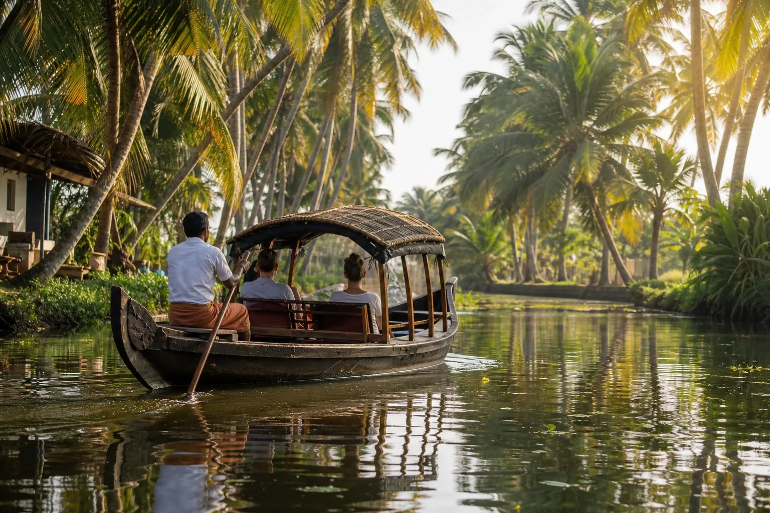 A small covered shikara boat on a Kerala village canal